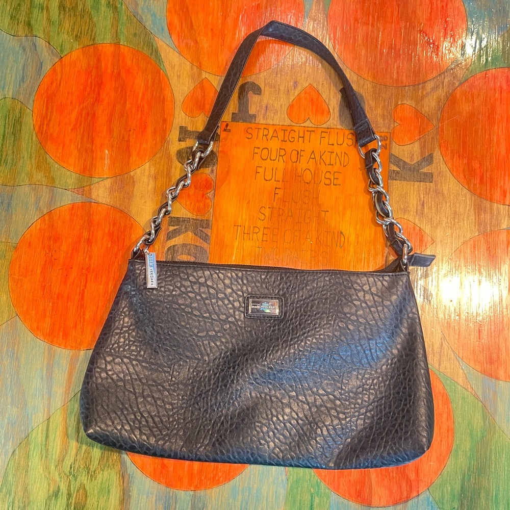 SOFIA VERGARA  Black Faux Pebbled Leather Chain Link Strap Shoulder Bag Pockets